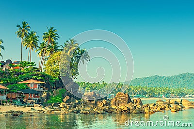 Shooting in the morning empty tropical beach. Stock Photo