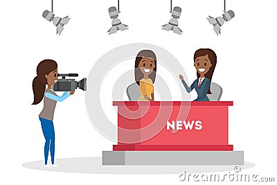 Shooting news show in the studio. Newscaster Vector Illustration