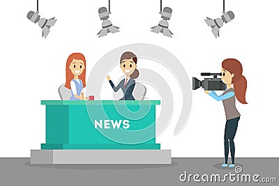 Shooting news show in the studio. Newscaster Vector Illustration