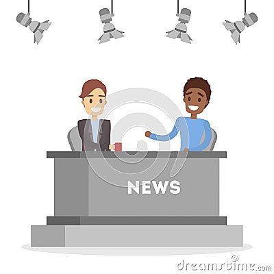 Shooting news show in the studio. Newscaster Vector Illustration