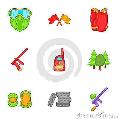 Shooting paintball icons set, cartoon style Vector Illustration