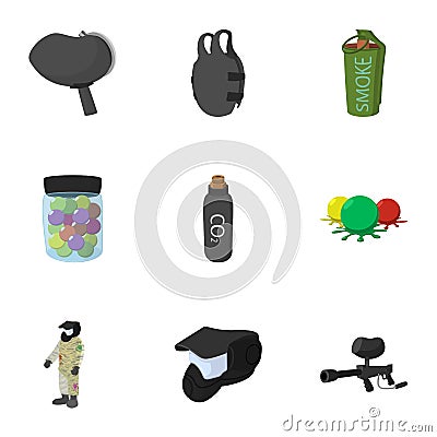 Shooting paintball icons set, cartoon style Vector Illustration