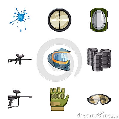 Shooting paintball icons set, cartoon style Vector Illustration