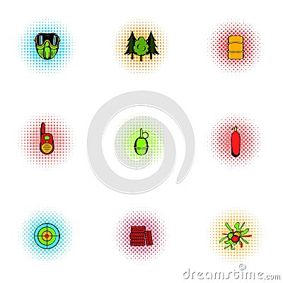 Shooting paintball icons set, pop-art style Vector Illustration