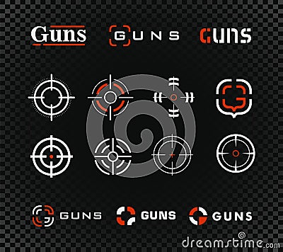 Shooting range template and icon collection. Guns or other weapon rifle sight sign set on black background. Stock Photo