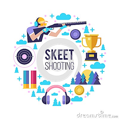 Shooting Skeet. Set of elements located in a circle. The Vector Illustration