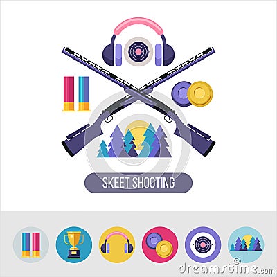 Shooting Skeet. Vector emblem. Set of design elements. Round icons. Vector Illustration