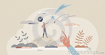 Shooting star in night sky and wish for dream or desire tiny person concept Vector Illustration