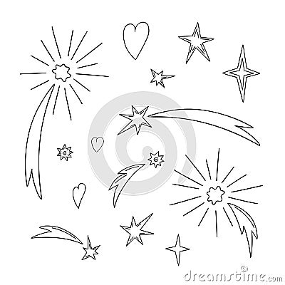 Shooting stars, stars, hearts, Christmas fireworks outline simple doodle vector illustration, hand drawn outline image Vector Illustration