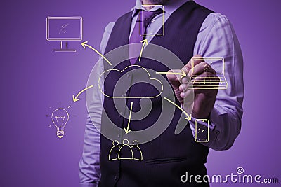 Businessman draws a virtual cloud Stock Photo