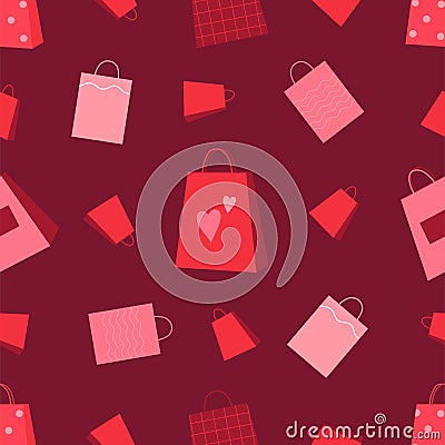 Shop bag pattern. Red gifts. Shopping packets. Valentine discount wallpaper. Repeated print for pink fashion paper. Sale Vector Illustration