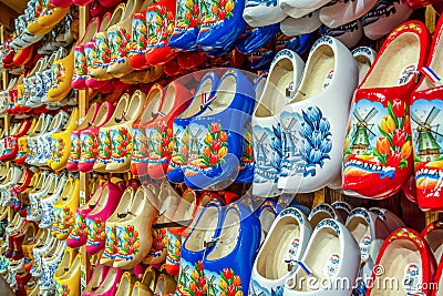 A shop for buying famous traditional Dutch wooden shoes klompen Editorial Stock Photo