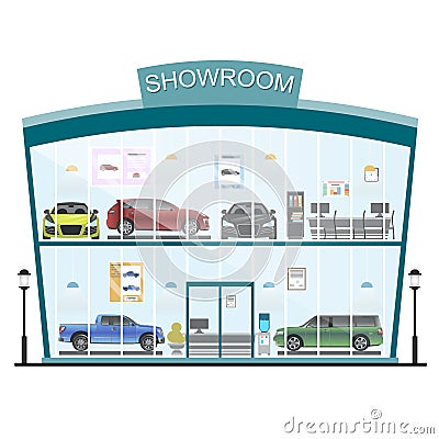 Shop with cars. Sale and rent of cars Vector Illustration