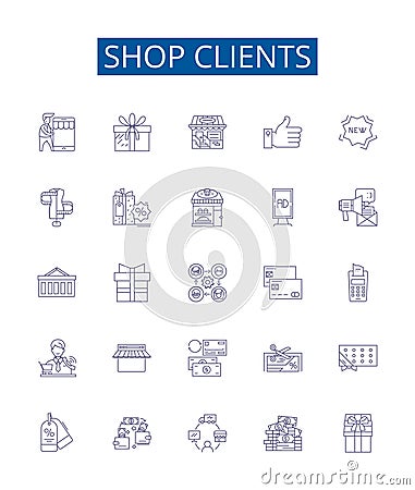 Shop clients line icons signs set. Design collection of Customers, buyers, shoppers, patrons, consumers, attendees Vector Illustration