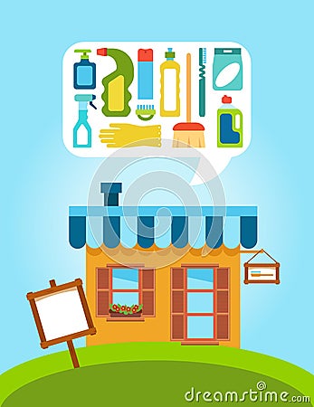 Shop with collection of different household chemicals and cleaning supplies Vector Illustration