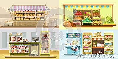 Shop counters or store supermarket product display vector flat design Vector Illustration