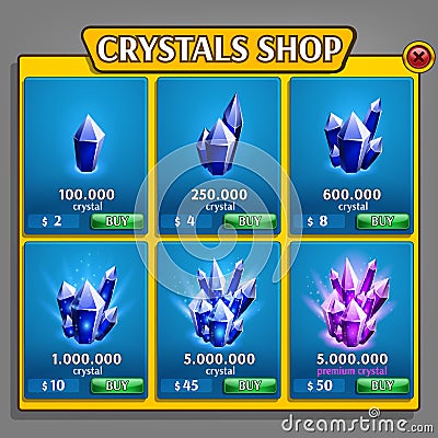 Shop of crystals panel, game asset with mineral icons. Vector Illustration