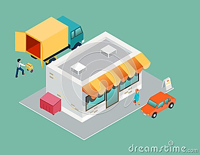Shop and delivery isometric 3d top side view Vector Illustration