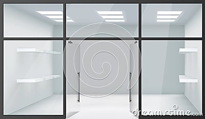 Shop Empty Interior Front Store 3d Realistic Windows Space Open Doors Shelves Template Mockup Background Vector Vector Illustration