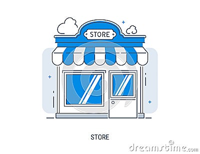 Shop facade flat line art design vector illustration, small retail shop building Vector Illustration