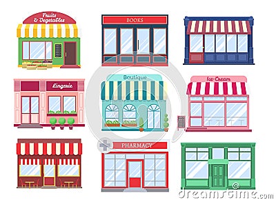 Shop flat buildings. Modern store facade cartoon boutique street building storefront restaurant houses. Shopping vector Vector Illustration