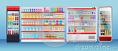 Shop fridges, refrigeration showcase with colorful product packs Vector Illustration