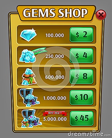 Shop gems panel, game asset with gems icons. Vector Illustration