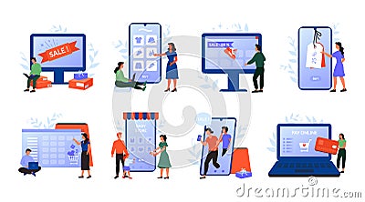 Shop icons. Internet purchase service. Man or woman buy in online store. Digital shopping concepts set. Outline retail Vector Illustration