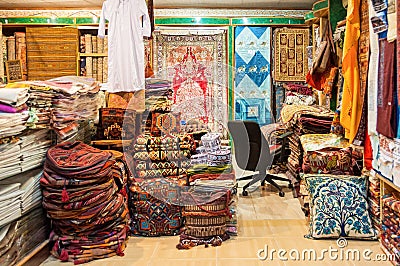 Shop of local fabrics sale in a shop Muttrah Souk, in Mutrah, Muscat, Oman, Middle East Stock Photo