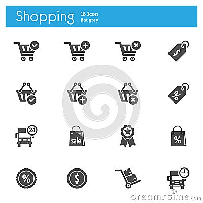 Shop, Market, Storeflat gray icons set of 16 Vector Illustration