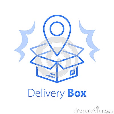 Shop order delivery, open box and location pin, receive postal parcel, pick up point Vector Illustration