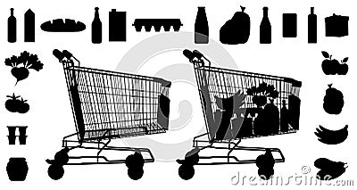 Shop products trolley silhouette. Food products supermarket store Vector Illustration