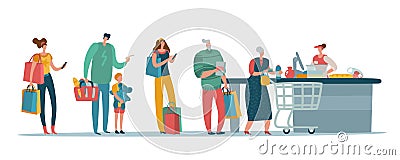 Shop queue. People customers standing in long line waiting at supermarket cash box with cashier. Shopper vector concept Vector Illustration