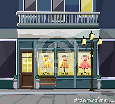 Shop Restaurant Cafe Store Front with Windows, Street Lanterns Vector Illustration