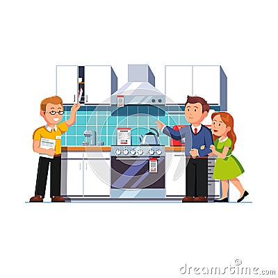 Shop salesman showing home kitchen to customers Vector Illustration