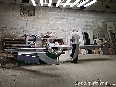 Shop for the sawing of various lumber for furniture manufacturing Editorial Stock Photo
