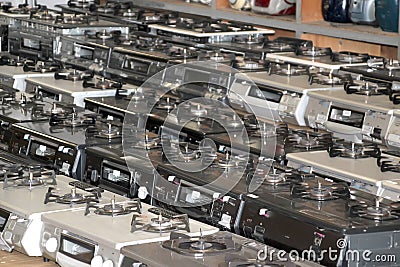 Shop selling Japanese second hand kitchen equipment gas stoves Stock Photo