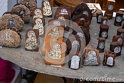 Shop sellling religious souvenirs in Tinos Editorial Stock Photo