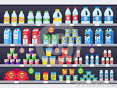 Shop shelf with milk products. Dairy grocery store shelves, milk bottle supermarket showcase and cheese product vector Vector Illustration