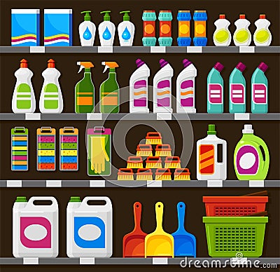Shop shelving with household cleaning products vector illustration Vector Illustration