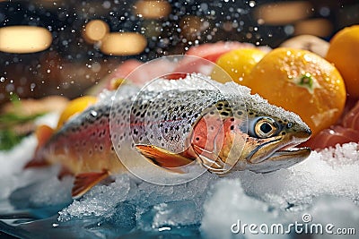 Shop showcase Icy presentation of frozen trout fish Stock Photo