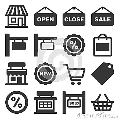 Shop Signboard and Shopping Icons Set. Vector Vector Illustration