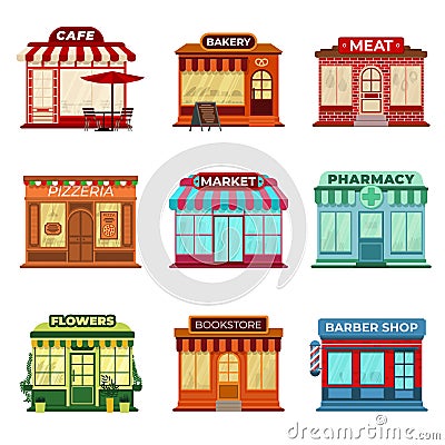 Shop store buildings. Market front exterior, isolated small business building icons. Supermarket, bakery restaurant or Vector Illustration