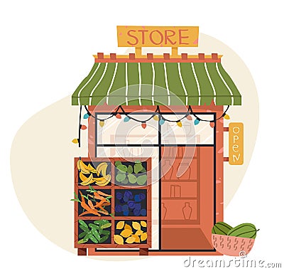 Shop or store facade, market vegetable and fruits. Flat vector icon representing small building with awnings and shelving Vector Illustration