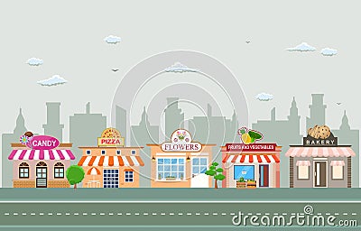 Shop Store Small Business Landscape in Town Urban with Tree Sky Illustration Vector Illustration