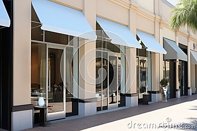 Shop storefront, white awnings, glass facade, outdoor decor. Stock Photo