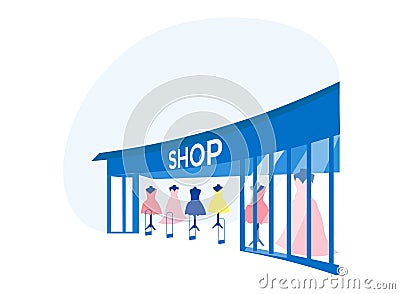 Shop Storefront with Women Clothing, Girls Dresses Vector Illustration