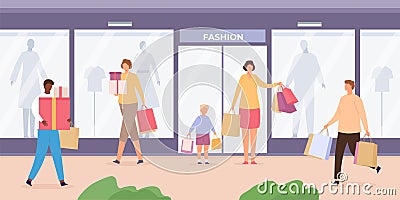 Shop street with people. Urban landscape with store showcases with mannequins and customers walking with shopping bags Vector Illustration