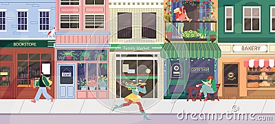 Shop street. People walk along city road. Cafe and bookstore. House exterior. Small business. Neighborhood building Vector Illustration