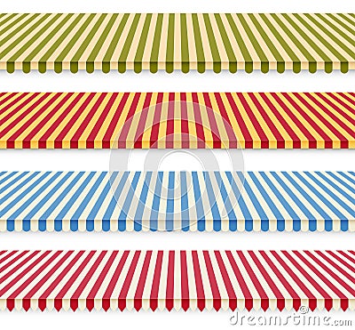 Shop sunshades set. Store awning tents. Outdoor striped market canopy. Vector illustration. Vector Illustration